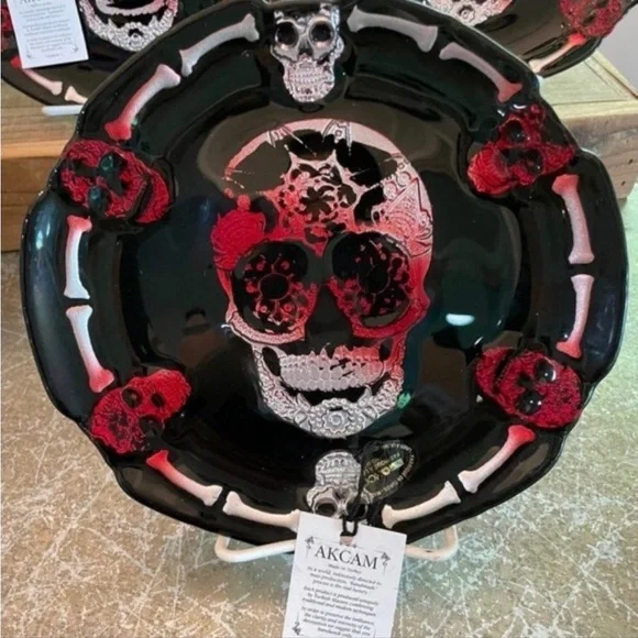 AKCAM TURKISH HALLOWEEN HAND MADE BLACK RED SHINY SKELETON PLATES NEW - Picture 6 of 7
